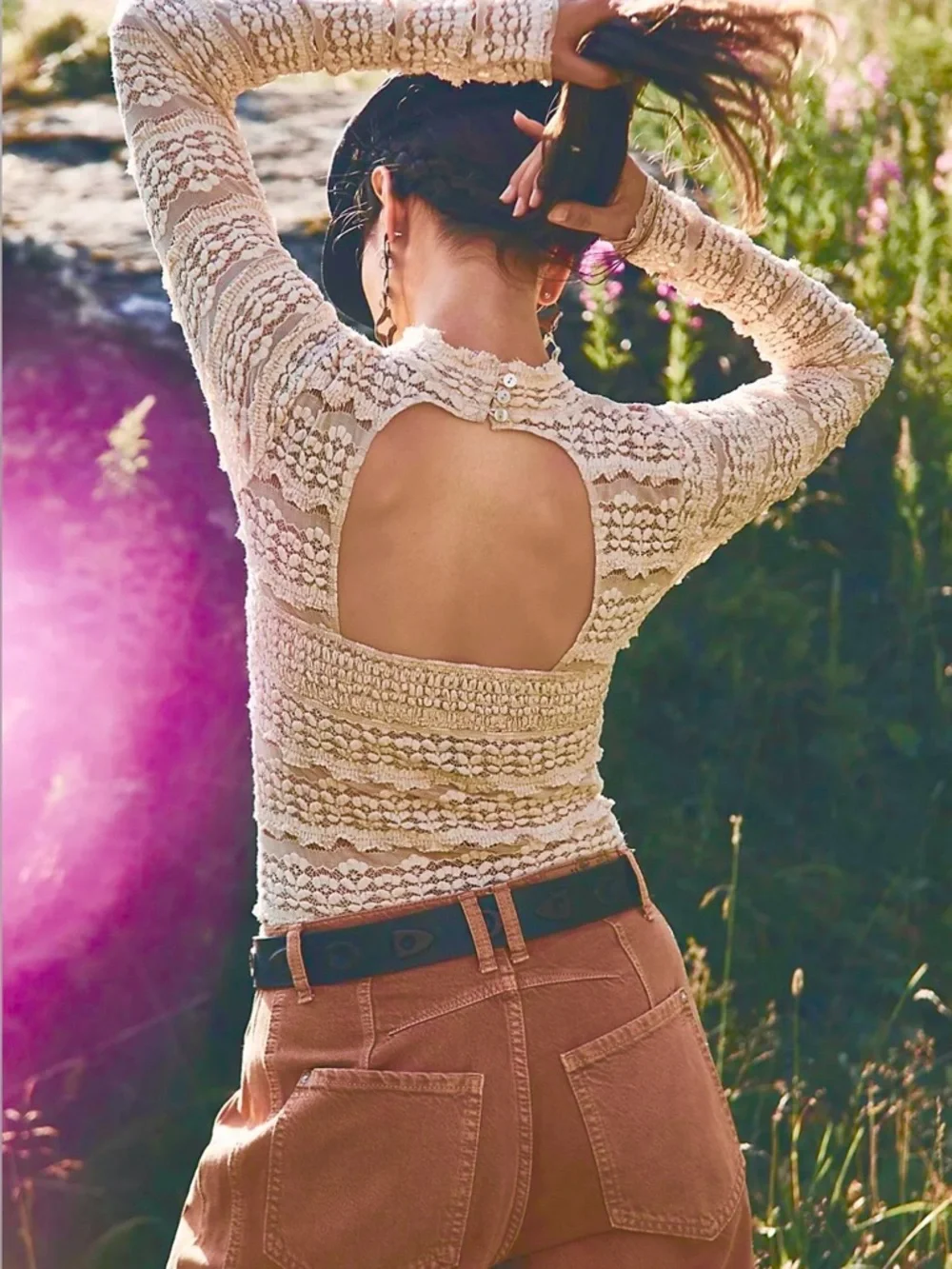 Free People Angelina Bodysuit Lace & Mesh Long-Sleeve Bodysuit M FLAWS
